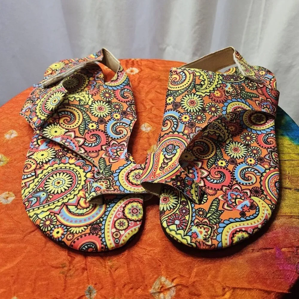 Women’s Multicolor Paisley Slip-On Flat Sandals Bow Accent EU 40 US 9